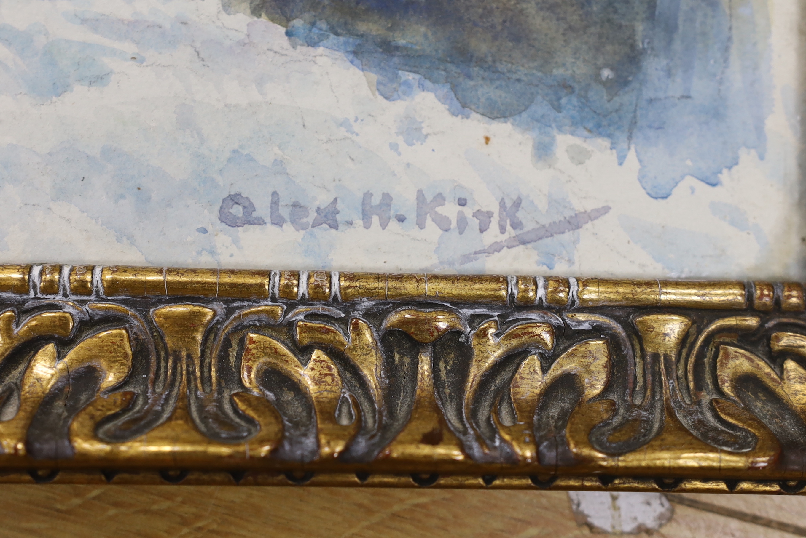 Alex H. Kirk (1881-1950), watercolour, Pyrenean waterfall, signed, various pencil inscriptions verso, 75 x 53cm